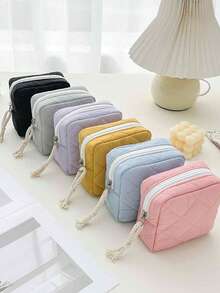1pc Square Mini Makeup Bag, Quilted Plaid Padding, Soft & Fluffy Pouch, Small Cosmetic Bag, Sanitary Pad/Jewelry Storage Pouch, Key Holder, Coin Purse, Portable Travel Organizer, Multi-Purpose Daily Essentials Organizer - Multicolor - View 7