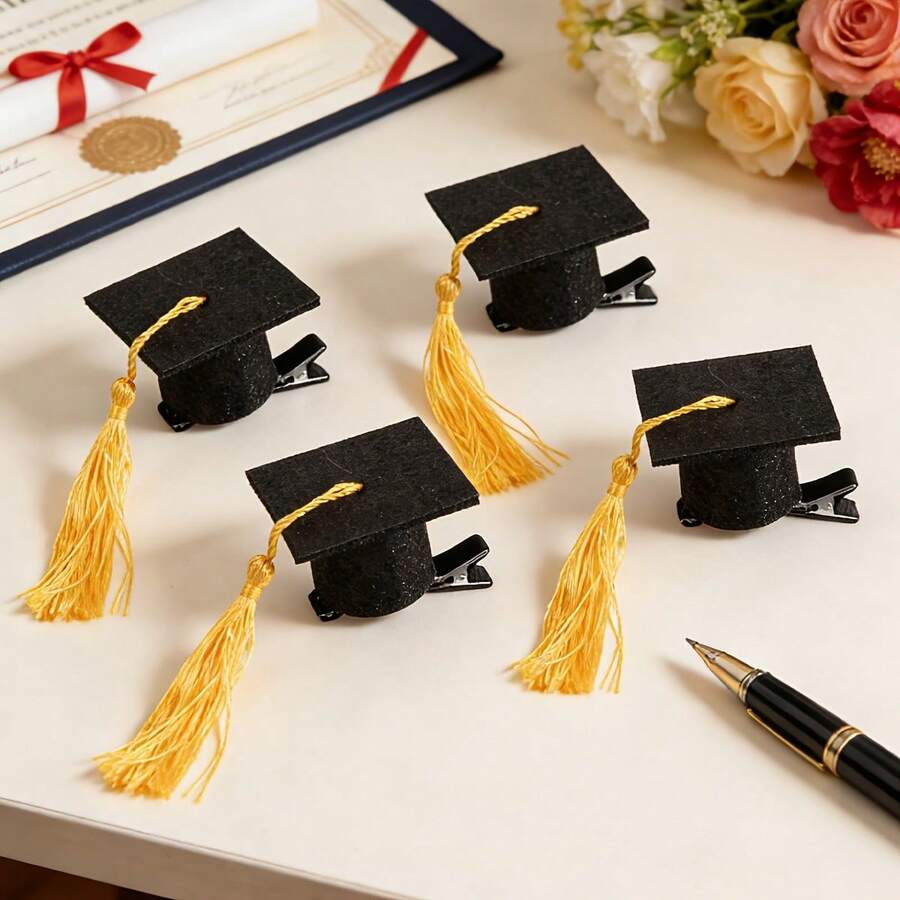 5 piezas Clips para el cabello con borla negra y dorada con brillo, temporada de graduación 2026, accesorios de decoración para la ceremonia de graduación, fiesta de graduación estudiantil, mini clips en forma de birrete de graduación, decoración linda de graduación - Múltiples estilos - Ver 1