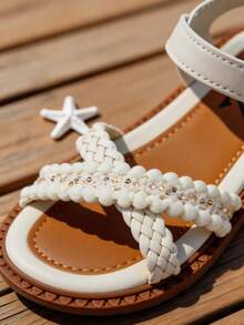 Adjustable Kids Sandals Girls Flats Shoes Off-White Woven Double Layer Cross Straps Fringe Edge Gold Bead Detail Non-Slip Sole Hook And Loop Closure For 3-12 Years Old - Beige - View 6