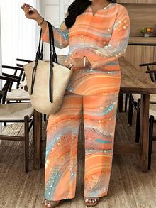 Plus Size Women's Two-Piece Set With Orange-Gold Quicksand Print, Drawstring Pocket Design, Woven Machine-Washable Quick-Dry Loose Fit, Suitable For Vacation Travel And Daily Street Styling - 彩色 - 查看 2