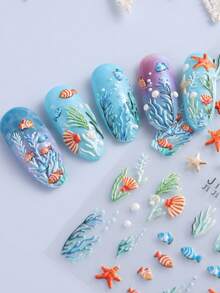 2pcs 5D Ocean Life Nail Stickers, Summer Seaweed, Fish, Shells, Starfish, Embossed Patterns, Self-Adhesive Nail Decals, Cute & Charming Nail Art Decorations, DIY Manicure Supplies - Multicolor - View 4