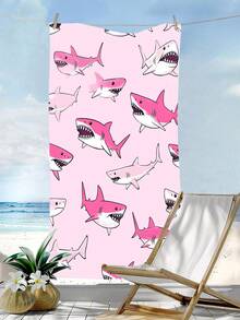 1pc Cartoon Pink & White Shark Print Beach Towel - Quick-Drying, Soft, Portable, Stylish, Sand-Resistant, And Ultra-Absorbent Microfiber. Styles: Bohemian, Tropical, Vintage, Funny; Suitable For Yoga, Picnics, And UV Protection. Ideal For The Beach, Pool, And Outdoor Activities; A Travel Essential Perfect For Camping, Yoga, The Gym, Sports, And Swimming. Suitable For Both Men And Women. - Beach Towel C - View 3