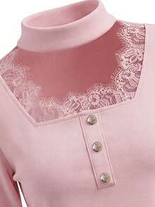 Camiseta de manga larga de encaje negro elegante francesa, camiseta interior de alta gama para mujer, rosa primaveral - Rosa - Ver 9