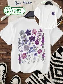 Women's Everyday Casual 100% Cotton Short-Sleeve T-Shirt, With A Floral Double-Sided Pattern Print. Suitable For Outdoor Wear, Summer Clothing, With Female Pattern Print. White - White - View 1
