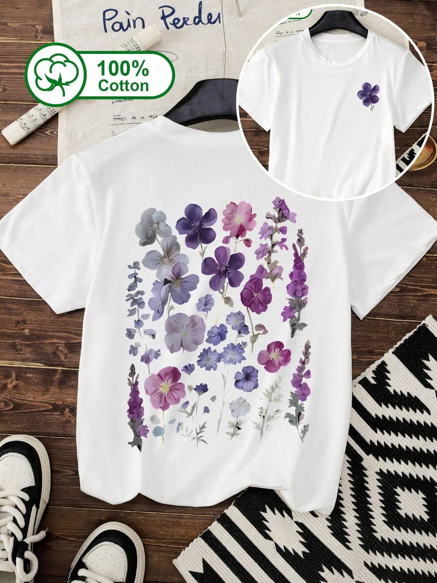 Women's Everyday Casual 100% Cotton Short-Sleeve T-Shirt, With A Floral Double-Sided Pattern Print. Suitable For Outdoor Wear, Summer Clothing, With Female Pattern Print. White - White - View 1