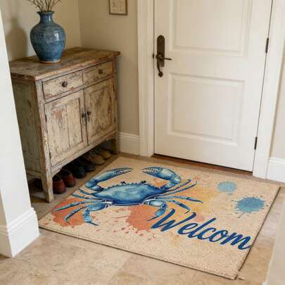 1 件装海岸螃蟹图案地毯，蓝橙色调，春夏海洋主题地毯，适用于客厅、玄关、浴室、办公室、咖啡厅 - 乔迁、婚礼、节日装饰