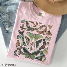 100% Cotton Vintage Butterfly & Moth Shirt Cottagecore Aesthetic Tee, Nature Lover Gift Comfortable T-Shirt Unisex Women's & Men's Campus Daily Wear - 粉色 - 查看 1
