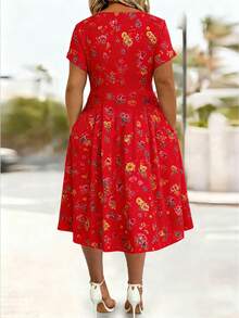 Plus Size Women's Elegant Ditsy Floral Twist Knot Pocket V-Neck Dress, All-Over Leaf & Tiny Flower Print, Crossover Pockets, Ruffle Hem, Suitable For Wedding & Holiday Vacation Summer Red - Red - View 2