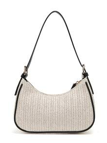 2026 Nouveau sac en paille d'été de couleur unie avec design graphique de lettre classique. Sac à épaule, sac croissant, convient pour le shopping, le sac bandoulière, le sac sous le bras Y2K, le sac à la mode - Noir - Voir 7