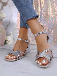Teenage Girls' Butterfly Decor Transparent High Heel Square Toe Sandals - Silver - View 6