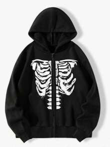 Fleece Sweatshirt With Adjustable Zipper, Gothic Skeleton Design, Casual, Y2k - màu đen - Xem 2