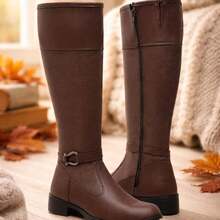 Women's High-Top Riding Boot With Texture, Classic Style, Elegant, Casual, Chic And Stylish, For Autumn/Winter - Capuchino - Ver 3