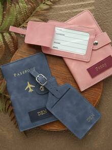 2pcs Personalized Passport Cover And Luggage Tag Set, Customized Gold Letter Suede Texture Buckle, Personalized Name Passport Cover - Multicolor - View 3