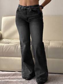 Women's Black Washed Denim Flare Leg Pants With Button And Zipper Details, Long Casual Vintage Style For Spring And Summer - 黑色 - 查看 2
