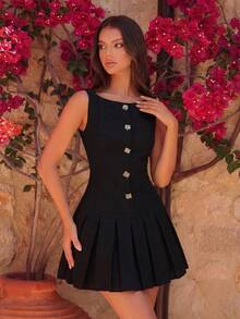 Elegant Boat Neck Button High Waist Pleated Mini Skirt, Suitable For Parties, Birthdays, Galas, Family Gatherings, Wedding Guests, Cocktail Events - Black - View 3