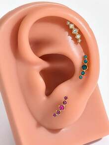 1pc Fashionable Rhinestone Stainless Steel Cartilage Earring, Curved Design, 18K Gold Vacuum Plated, Available In White, Green, And Red Rhinestone, Suitable For Daily Wear - Yellow Gold - View 6