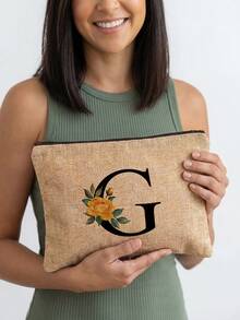 1pc A-Z Letter & Floral Print Cosmetic Bag, Lightweight Travel Toiletry Organizer - Multicolor - View 22