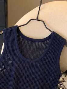Áo tank top dệt kim không tay ôm sát, xuyên thấu, thời trang, gợi cảm, thanh lịch, đa năng, dành cho nữ, màu xanh navy. - Màu xanh hải quân - Xem 3