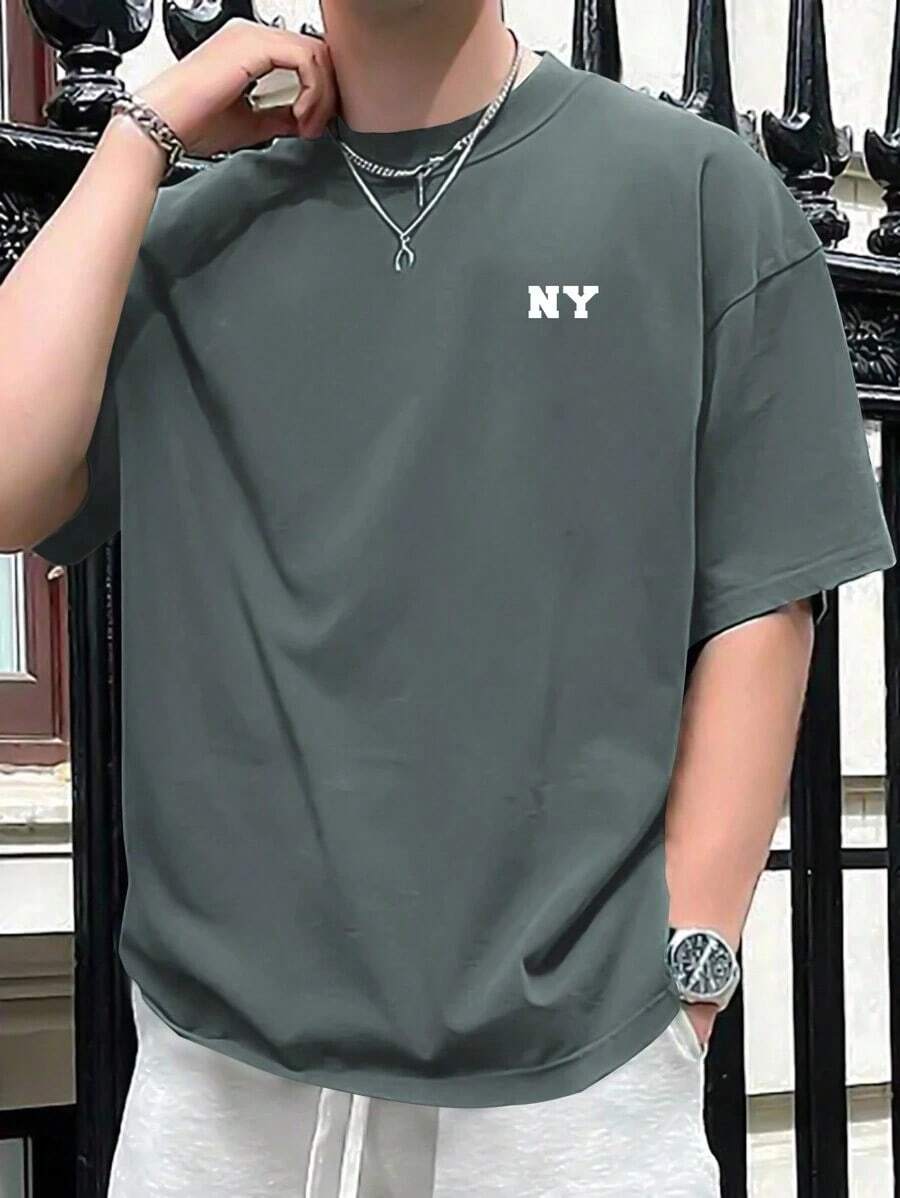 Men's Letter Print Drop Shoulder T-Shirt - Gris - View 1