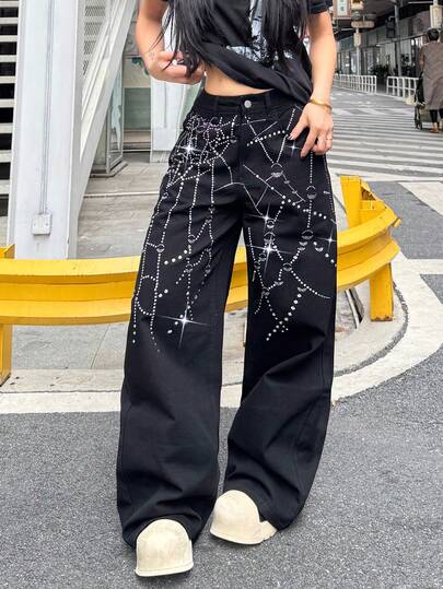 1pc Women's Fashionable Loose Fit Wide Leg Jeans With Rhinestone Star Decor, Comfortable And Versatile, Suitable For All Seasons (Belt/Accessories Not Included)