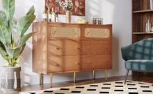 Chest Of Drawers With 6 Drawers, Rattan Sideboard/Highboard For Bedrooms And All Living Areas, Walnut - H90/W120/D40 Cm - Khaki - View 1