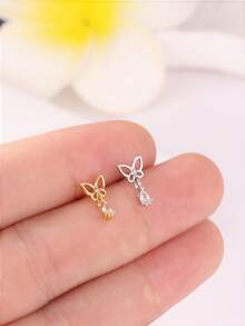 1件/4件装 L型垂坠式锆石鼻钉 – 蝴蝶心形十字鼻环，金银色垂坠式鼻孔穿刺饰品，女士款 - L Shaped Pin - 查看 6