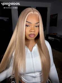 MEGALOOK 6x5蕾丝闭合假发，奶茶棕色带金色挑染，直发，100%真人发 - 无胶假发，18-30英寸，预漂白预拔发际线，易于佩戴，新手友好型假发，180密度 - 无需胶水，经久耐用，轻盈舒适，全天佩戴舒适，掉发极少，适合女性日常佩戴，办公场合适用。 - 彩色 - 查看 3