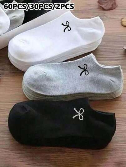 60 piezas/30 piezas/2 piezas Calcetines de barco de unicolor con moño para mujer, calcetines invisibles, calcetines deportivos, todo a juego, minimalistas, transpirables, suaves y cómodos, de moda y versátiles, adecuados para uso casual diario, para todas las estaciones
