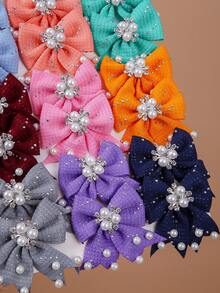 10pcs Girls' Multi-Color Rhinestone Pearl Bow Barrettes, Minimalist Side Bangs Clips, Cute & Versatile Hair Accessories For Daily Use - Multicolor - View 3