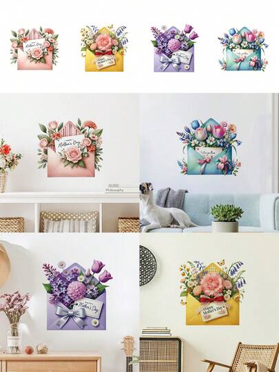 1 pieza Adhesivo de pared, Día de la Madre Autoadhesivo Impermeable Removible, Sobre cálido y romántico, Lazo, Rosa, Peonía, Tulipán, Hortensia, Patrón floral de pared, Adecuado para decoración de fiesta del Día de la Madre, Decoración del hogar, Cocina, Sala de estar, Dormitorio, Baño