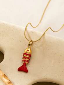 1 Mặt dây chuyền hình cá mạ vàng 18K tráng men dành cho nữ - Dây chuyền thép không gỉ tối giản với mặt dây hình cá - Hoàn hảo cho kỳ nghỉ hè, trang phục thường ngày và làm quà tặng. - Dây chuyền mặt hình cá đỏ - Xem 4