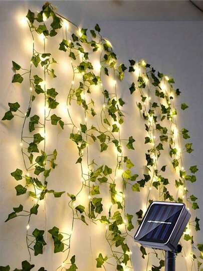 1 pieza 2m/6,56ft, 5m/16,4ft, 10m/32,8ft Luces de vid con hojas verdes alimentadas por energía solar, luces de hojas verdes LED para exteriores, luces de hadas de hiedra, adecuadas para sala de estar, dormitorio, patio, tienda, bar, boda, jardín, pared, patio, decoración de fiesta, decoración de otoño, decoración del hogar, decoración exterior