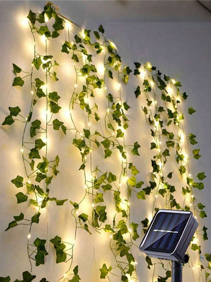 1pc 2m/6.56ft, 5m/16.4ft, 10m/32.8ft Solar Powered Green Leaf Vine Lights, Outdoor LED Green Leaf Lights, Ivy Fairy Lights, Suitable For Living Room, Bedroom, Patio, Shop, Bar, Wedding, Garden, Wall, Yard, Party Decor, Autumn Decor, Home Decor, Outdoor Decor - Solar-powered Green Leaf String Lights - View 1