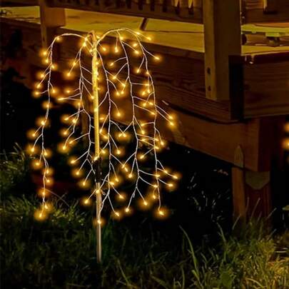 1PC 100LED Solar Powered Firecracker Fireworks Stake Lights - Waterproof Outdoor Willow Branch String Light For Garden Pathway Yard Landscape Decor