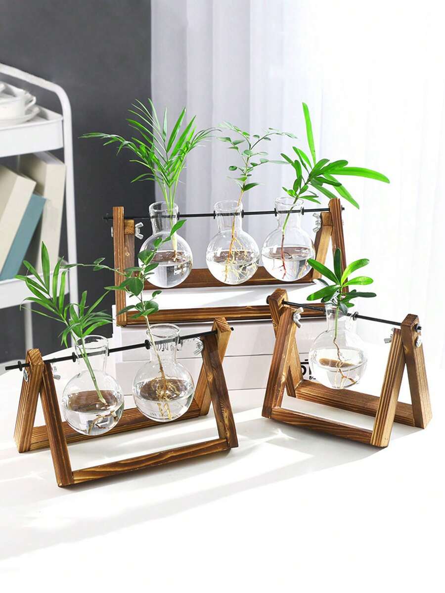1个创意摇摆式水培植物透明木质支架花瓶，简约桌面装饰，客厅现代配件 - 透明色 - 查看 1