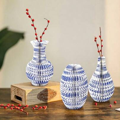 1pc Chinese Style Blue And White Porcelain Origami Flower Vase Decor, Portable Foldable Decorative Bottle, Artistic Tabletop Accessory For Homestay And Tea Room, New Chinese Style Blue And White Origami Flower Vase, Foldable Paper Decorative Accessory, Living Room And Study Zen-Style Dried Flower Vase Decor