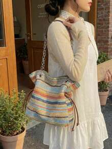 Rainbow Woven Tote Bag, New Commuter Versatile Large Capacity Straw Woven Shoulder Bag - Multicolor - View 8