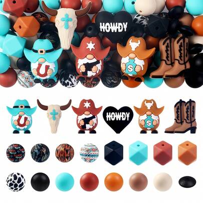 5/25/60pcs 3D Denim Silicone Bead Set - Western Farm Themed Silicone Bead Set, Includes Horse, Cactus, Cowboy And Horseshoe Charms, Suitable For DIY Crafts, Lanyards, Pen Holders And Western Style Jewelry Making