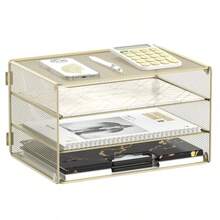 DALTACK - Bandeja organizadora de papel de 3 niveles para cartas malla metálica para el hogar y la oficina color amarillo dorado - Amarillo dorado - Ver 8