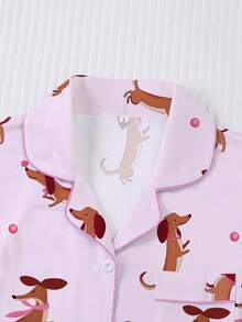 Bộ đồ ngủ nữ 2 món mùa xuân/hè, in hình chó Dachshund ngộ nghĩnh, quà tặng lãng mạn, áo tay ngắn cổ bẻ thoải mái và quần đùi cạp chun, đồ ngủ thích hợp cho tiệc tùng, mặc ngoài trời và ở nhà. - Hồng - Xem 4