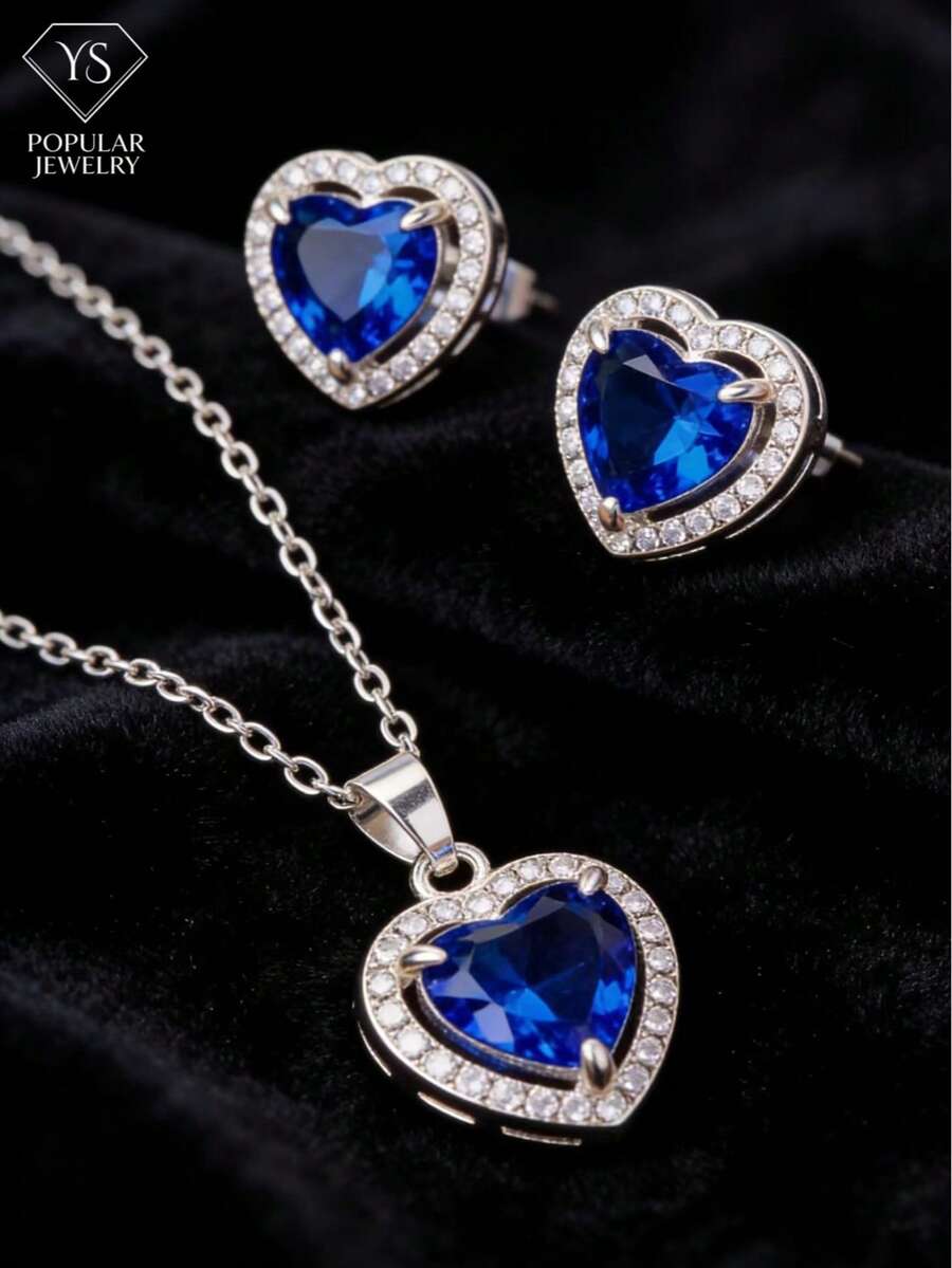 Bộ 3 món: Bông tai pha lê hình trái tim màu xanh hải quân, 1 đôi bông tai & 1 dây chuyền, quà tặng trang sức thời trang cho Ngày Valentine, Ngày của Mẹ. - Xanh đậm - Xem 1