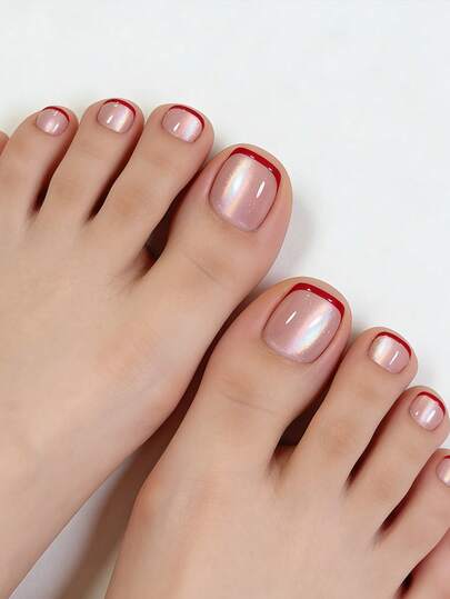 Elevate Your Style With 24pcs Short Square Press On Toenails Romantic Red French Cat Eye Toenails Cute Pink Cat Eye Toenails Full Cover Fake Toenails Kit For Women And Girls Includes 1sheet Adhesive Tabs & 1pc Mini Fils Strip Jelly Gel Random Shipment