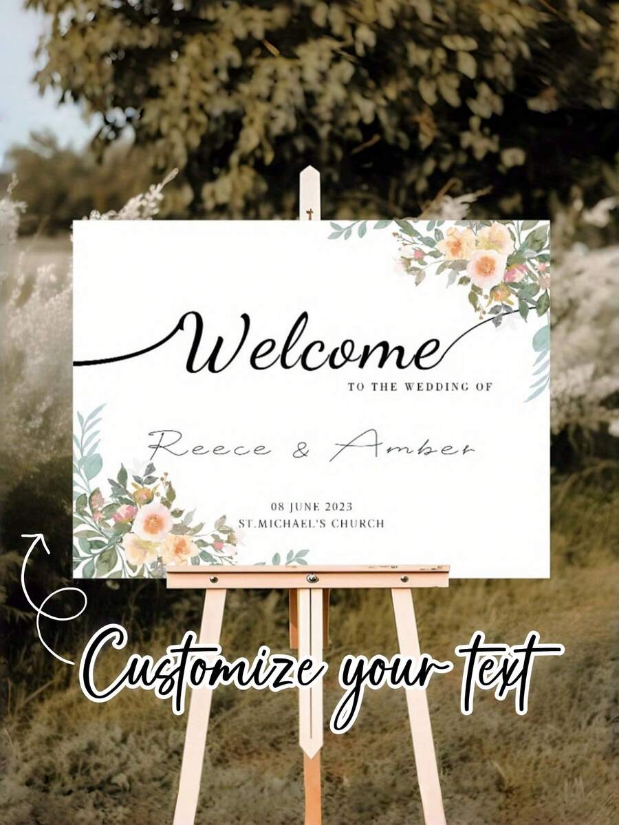 Customized Floral Party Welcome Sign - Durable PVC Signage Suitable For Weddings, Bridal Showers And Birthday Parties, Personalize With Name And Date, No Power Needed - Tabletop Decor