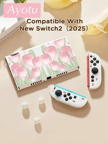 Ayotu 1个粉色郁金香图案超薄TPU透明保护壳，兼容Switch OLED/Switch/Switch Lite/新款Switch 2 (2025) - 兼容底座设计，无需拆卸，防摔防尘，多种颜色可选 - 彩色 - 查看 3