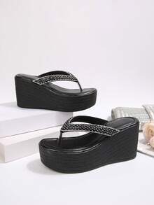 Women's Rhinestone Decor Wedge Thong Sandals, Comfortable Flip Flops Suitable For Beach And Party - Black - View 2