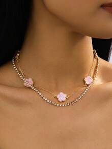 1pc Elegant Luxury Summery Pink Sweet Clover Sparkling Charm Multi-Layer Necklace For Women - Pink - View 1