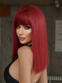 7JHH WIGS High Quality Shoulder Length Straight Wigs For Women 16 Inch Elegant Purple Red Wigs With Bangs, Soft Silky Heat-Resistant Synthetic Fiber Hairpiece For Daily Wear, Costume Cosplay & Music Festival Use, Graduation Gift & Mother's Gift Wig Accessory - 中紫紅色 - 查看 5