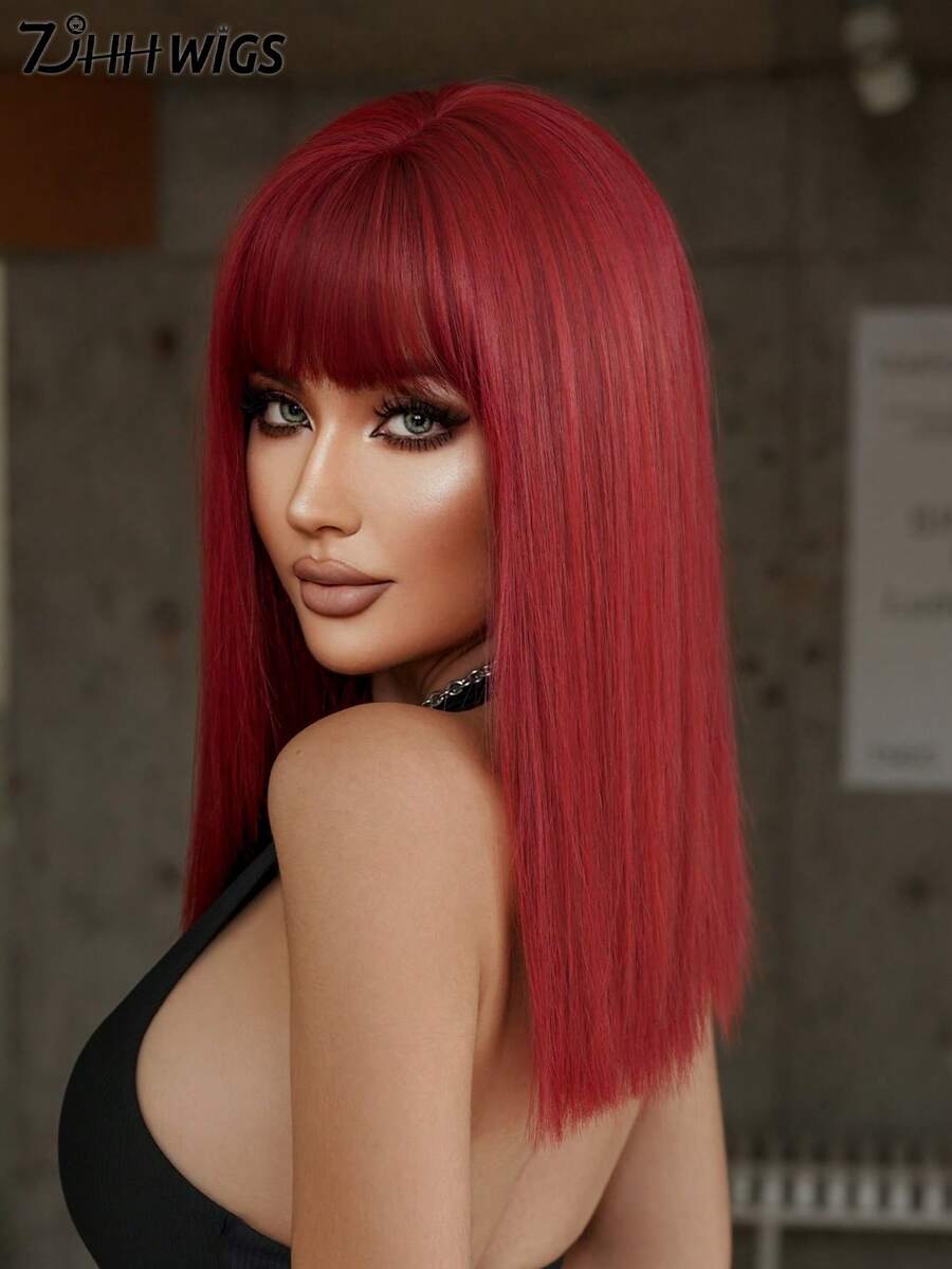 7JHH WIGS Shoulder Length Straight Wigs For Women 16 Inch Elegant Purple Red Wigs With Bangs, High Quality Soft Silky Heat-Resistant Synthetic Fiber Hairpiece For Daily Wear, Costume Cosplay & Music Festival Use, Graduation Gift & Mother's Gift Wig Accessory - 中紫紅色 - 查看 1