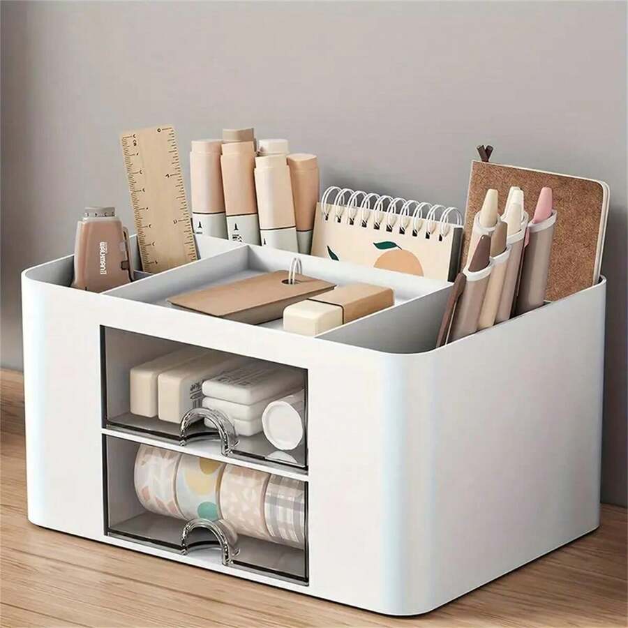 Multifunctional Bedside Storage Box, Dual Drawers & Compartments, Organizer For Remote Control, Skincare, Glasses, Small Items, Makeup Storage - White - View 1