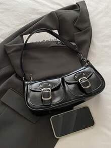 New Fashion Double Pocket Decor Handbag, Suitable For Parties, Outings, Vacations, Shopping And Daily Use, Can Store Coins, Phones, Also Suitable As A Work Bag For White-Collar, College Students And Office Workers, Elegant Ladies Bag - màu đen - Xem 3